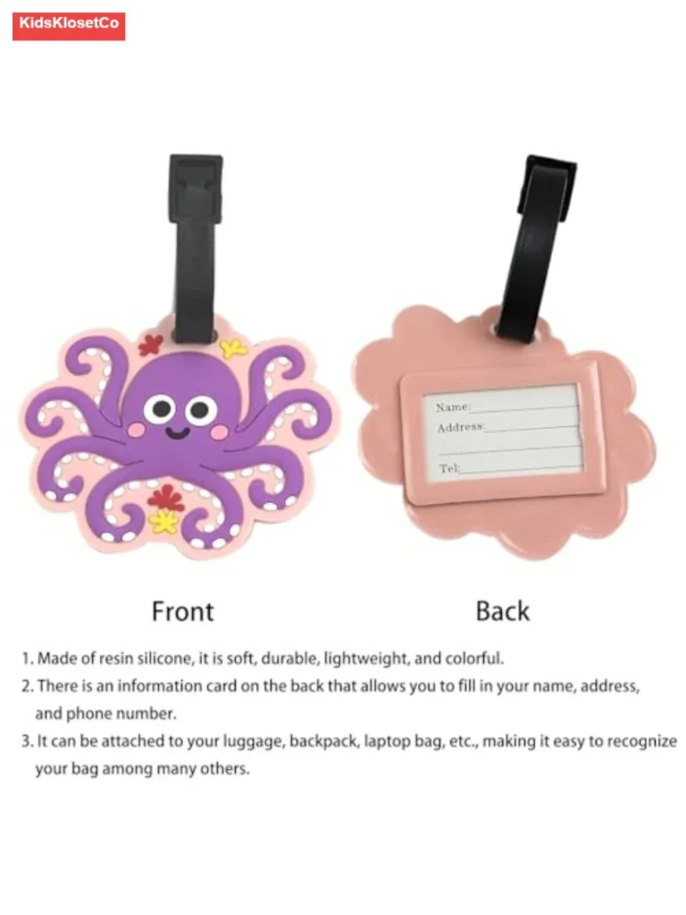 Octopus Silicone Luggage Tag for Kids Backpacks, Suitcase ID Tag with Contact